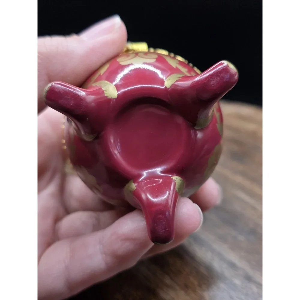 Porcelain Egg Shaped Red & Gold Ceramic Hinged Trinket Box with Clock Inside